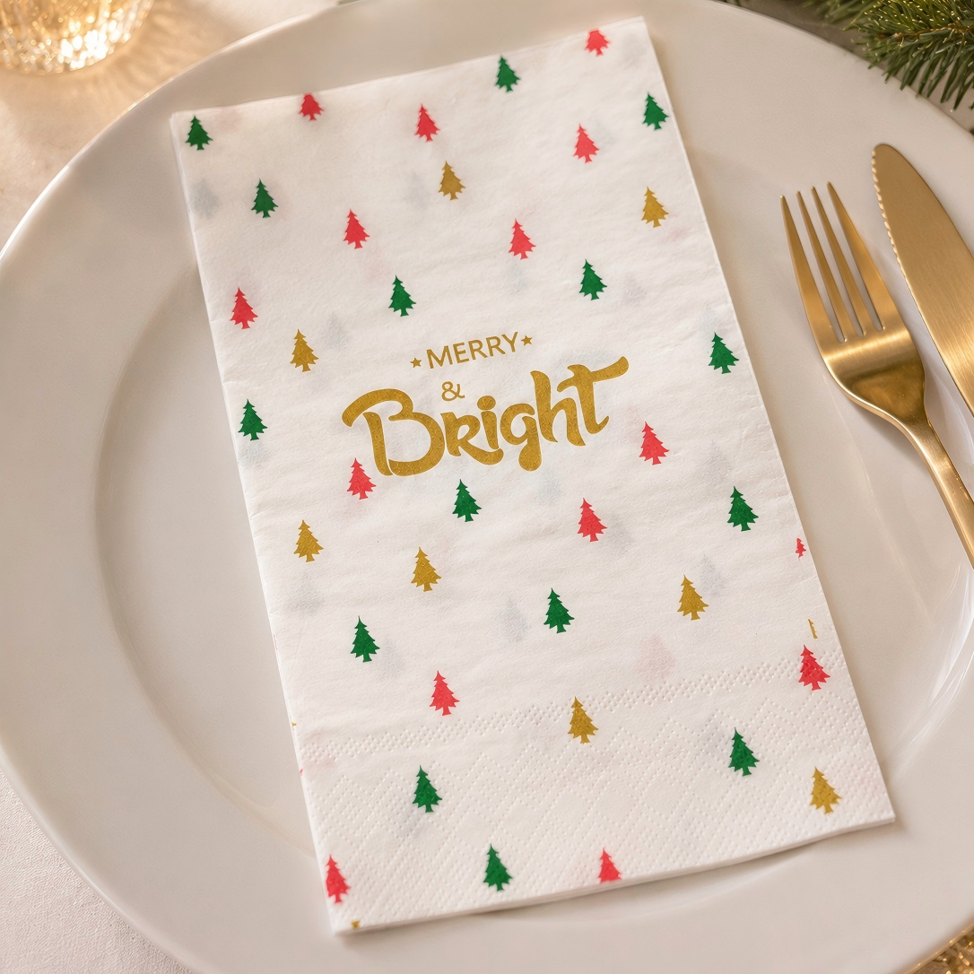 Merry & Bright Gold Printing ผ้าเช็ดปากสำหรับอาหารค่ำแบบใช้แล้วทิ้งสำหรับการจัดโต๊ะปาร์ตี้คริสต์มาส
